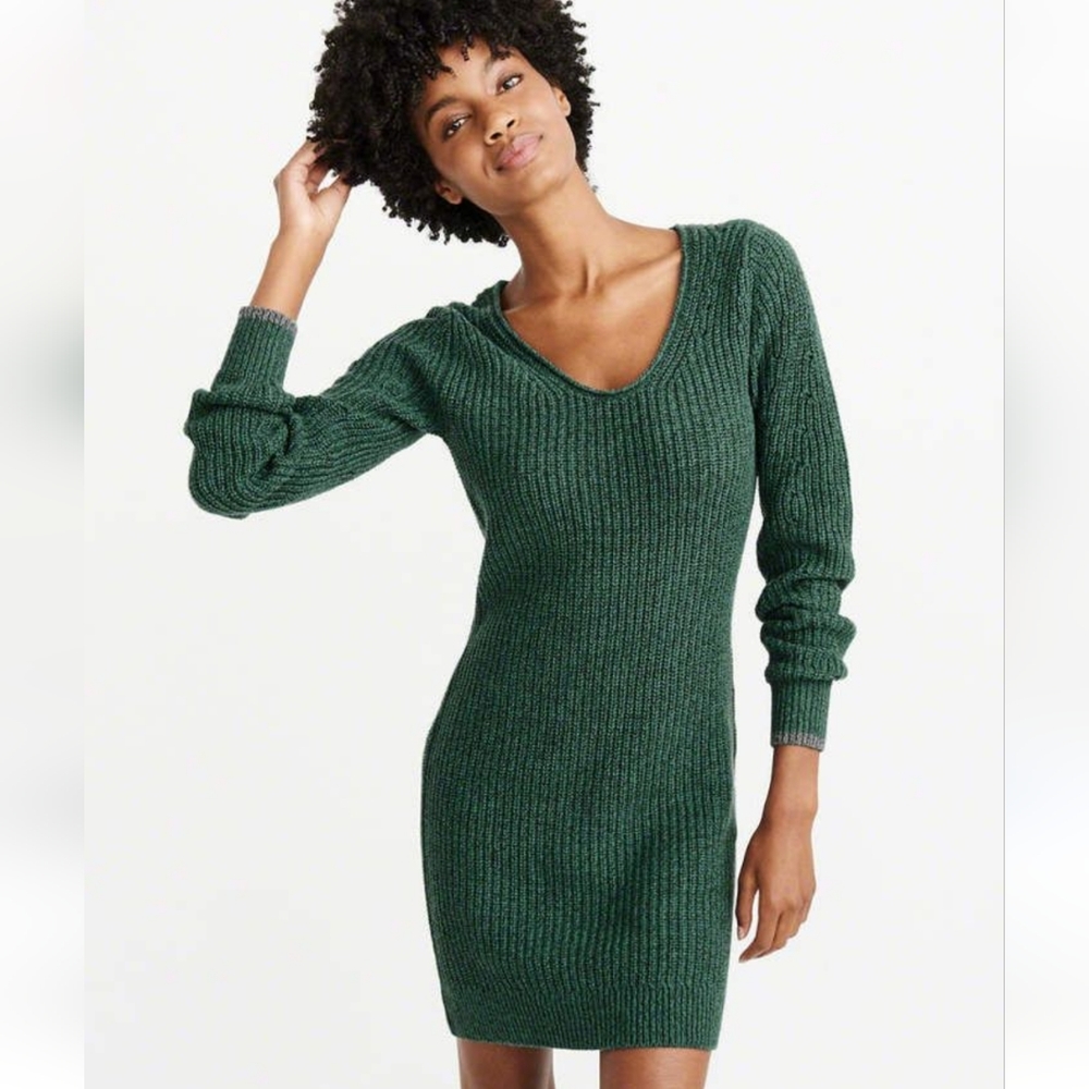Abercrombie & Fitch Green V Neck Long Sleeve Sweater Dress